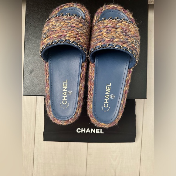 Chanel multicolor blue purple tweed leather CC chain mules sandals WITH BOX. - Picture 1 of 11